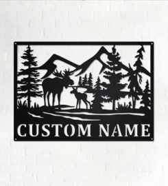 Custom Moose Wildlife Metal Wall Art, Personalized Moose Name Sign Decoration