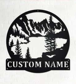 Custom Mountain Lake Metal Wall Art, Personalized Mountain Lake Name Sign Decoration